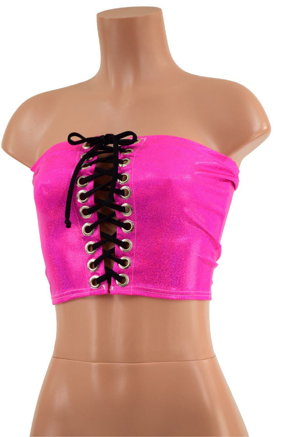 Neon Pink Holo Strapless Lace Up Crop with Black Ties - 1