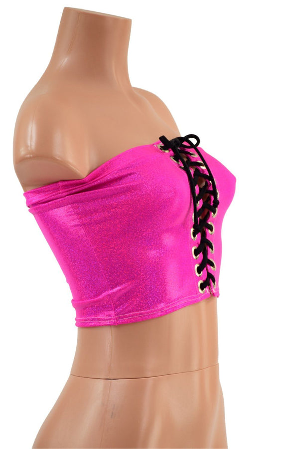 Neon Pink Holo Strapless Lace Up Crop with Black Ties - 2