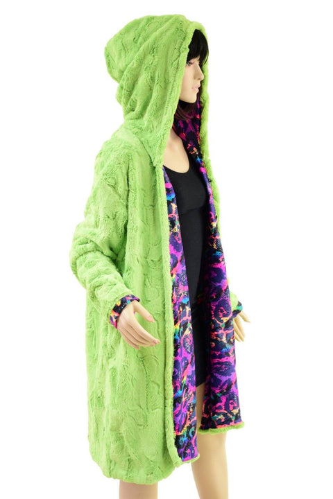 Avocado Minky and Rainbow Leopard Reversible A Line Coat - Coquetry Clothing