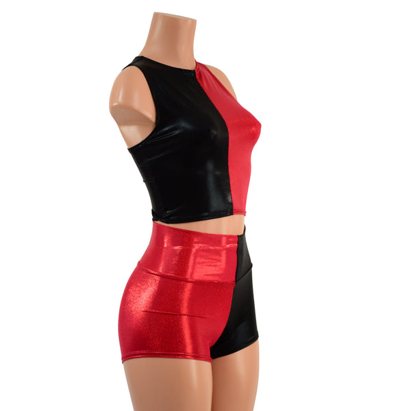 Red and Black Harlequin High Waist Shorts & Crop Set - 4