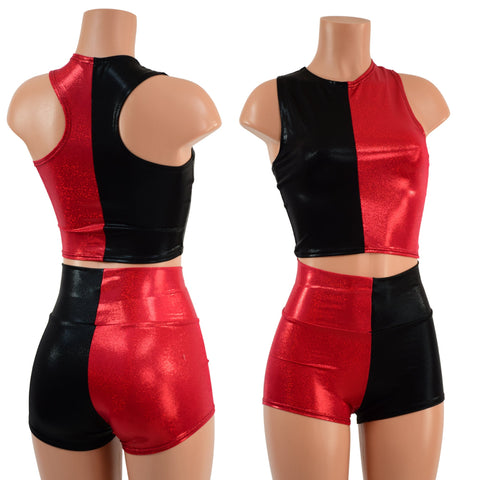 Red and Black Harlequin High Waist Shorts & Crop Set - Coquetry Clothing
