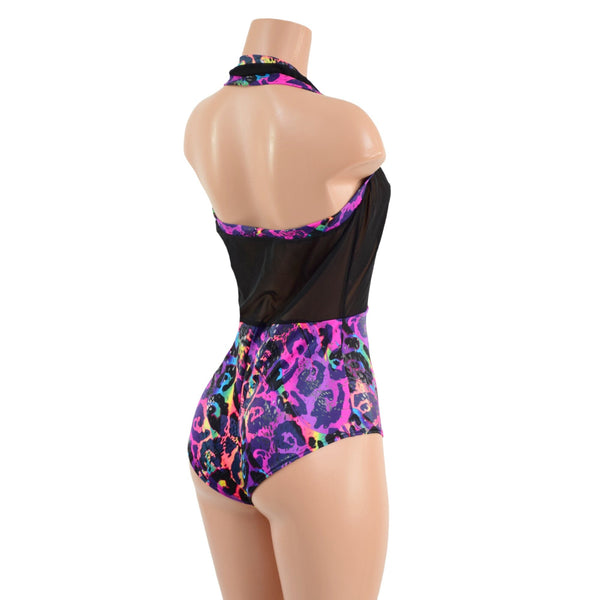 Backless Bella Romper in Black Mesh and Rainbow Leopard - 4