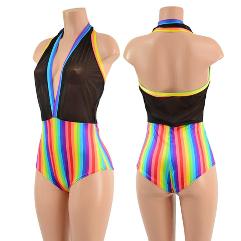 Backless Bella Romper in Black Mesh and Rainbow Stripe - Coquetry Clothing