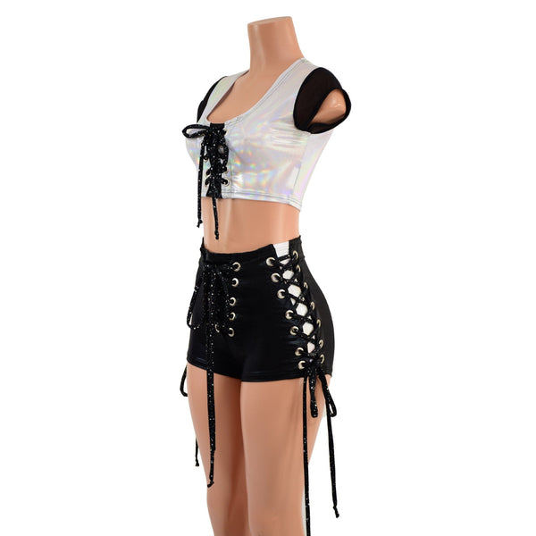 Triple Laceup Shorts and Crop Top Set with Inset Paneling - 3