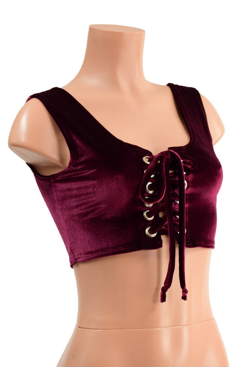 6" Mini Lace UP Front Crop Tank in Burgundy Velvet - Coquetry Clothing