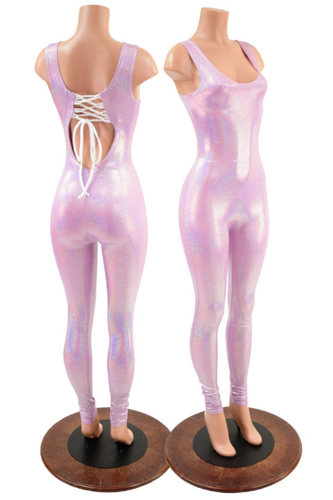 Lilac Holographic Tank Style Catsuit with Strappy Scoop Back - Coquetry Clothing