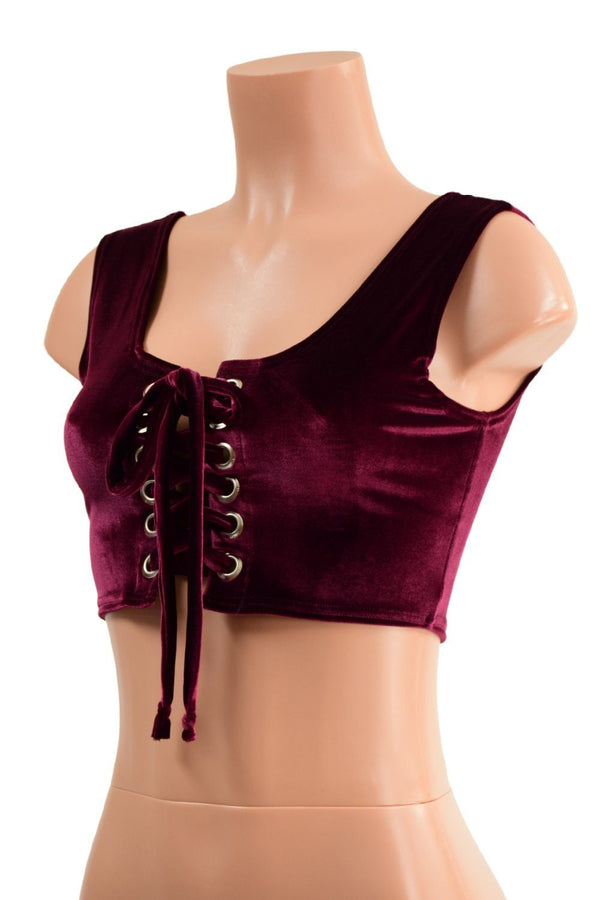 6" Mini Lace UP Front Crop Tank in Burgundy Velvet - 2