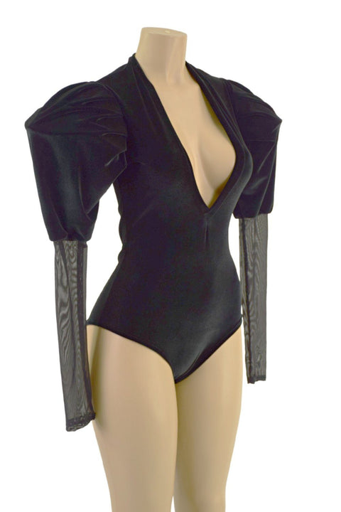 Black Velvet Siren Romper with Plunging V neckline & Victoria Sleeves - Coquetry Clothing