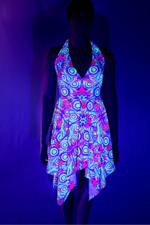UV Glow Neon Orb Handkerchief Halter Dress - Coquetry Clothing