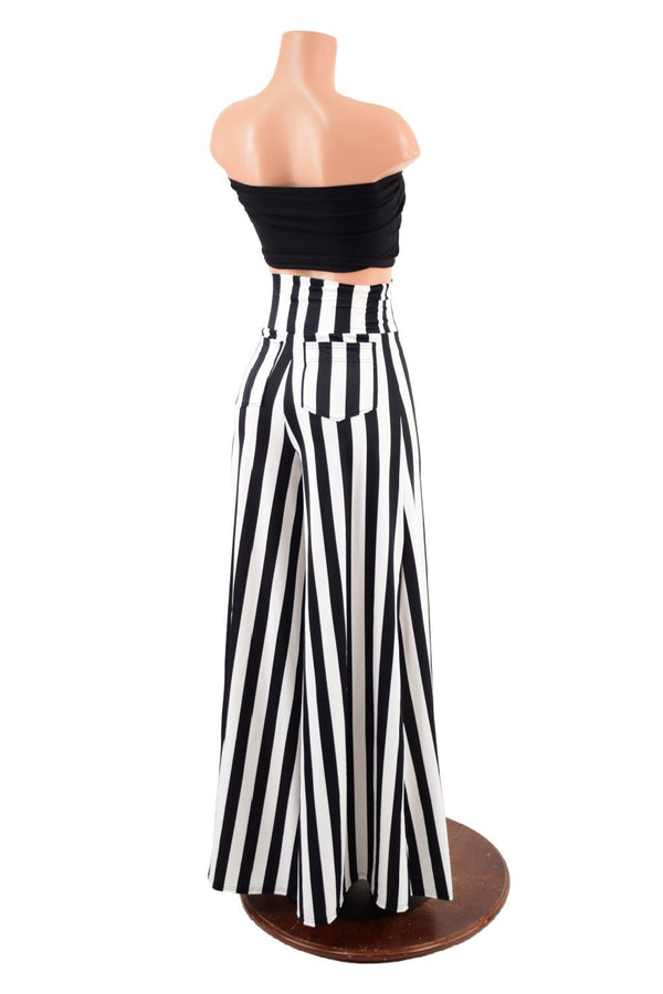 Black & White Striped Wide Leg Pants with Back Pockets - 5