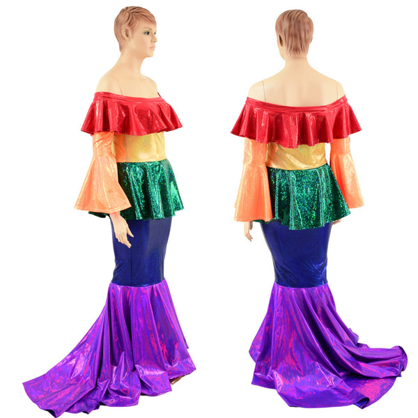 Off Shoulder Rainbow Color Block Gown - 1