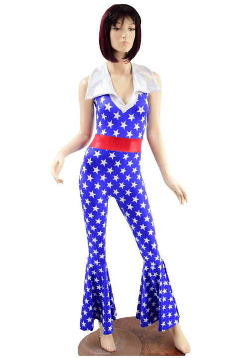 Patriotic Bell Bottom Catsuit with Disco Collar - Coquetry Clothing