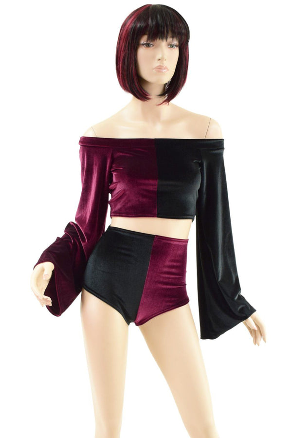 Burgundy & Black Velvet Color Split Off Shoulder Top & Siren Shorts Set - 1