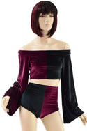 Burgundy & Black Velvet Color Split Off Shoulder Top & Siren Shorts Set - 2