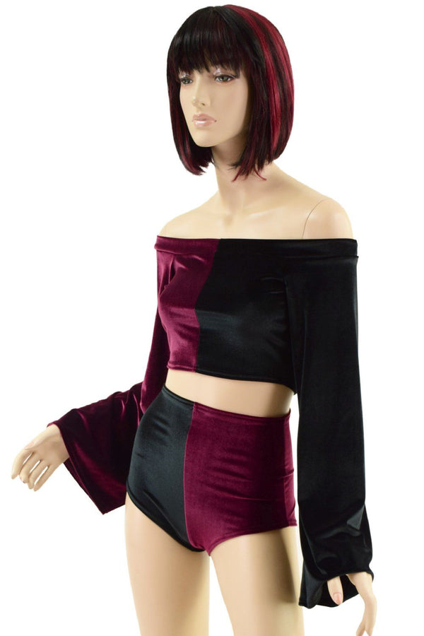 Burgundy & Black Velvet Color Split Off Shoulder Top & Siren Shorts Set - 3