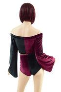 Burgundy & Black Velvet Color Split Off Shoulder Top & Siren Shorts Set - 4