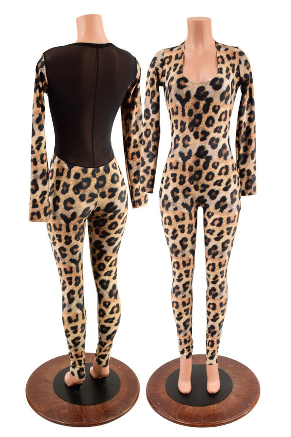 Leopard Print Catsuit with Sheer Mesh Back