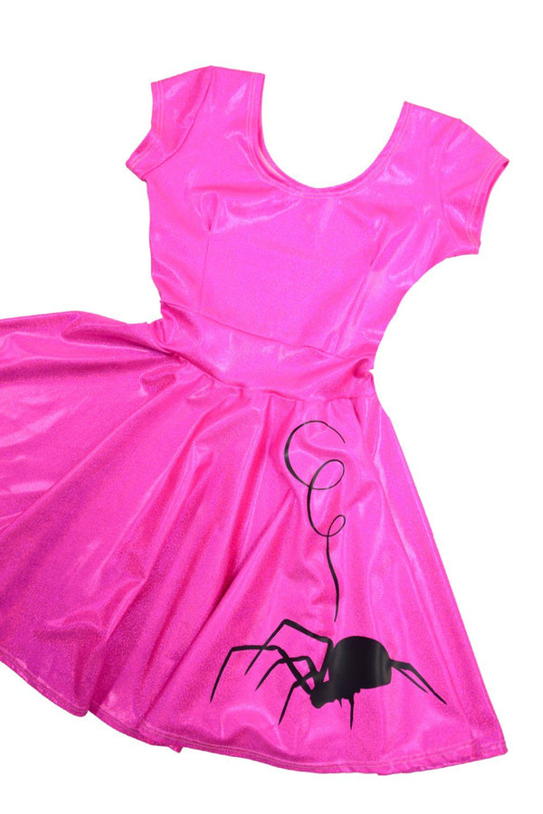 Neon Pink Cap Sleeve Spider Skater Dress - 1
