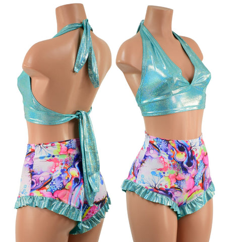 Seafoam & Dreamscape Halter & Ruffled Leg Siren Shorts Set - Coquetry Clothing