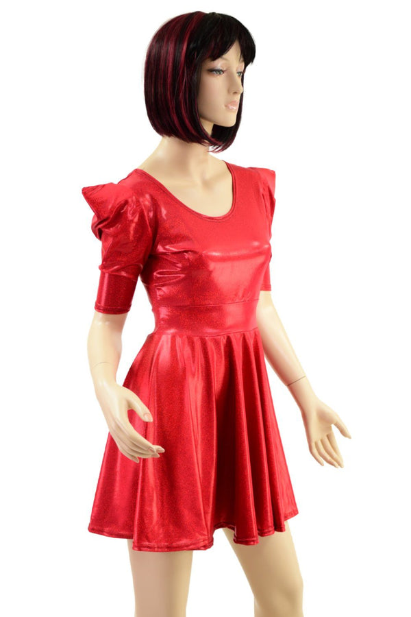 Red Sparkly Jewel Sharp Shoulder Half Sleeve Skater Dress - 3