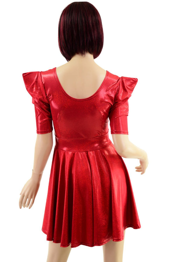 Red Sparkly Jewel Sharp Shoulder Half Sleeve Skater Dress - 4