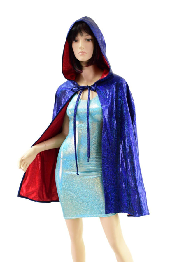 Blue and Red Sparkly Jewel Reversible 35" Hooded Cape - 1
