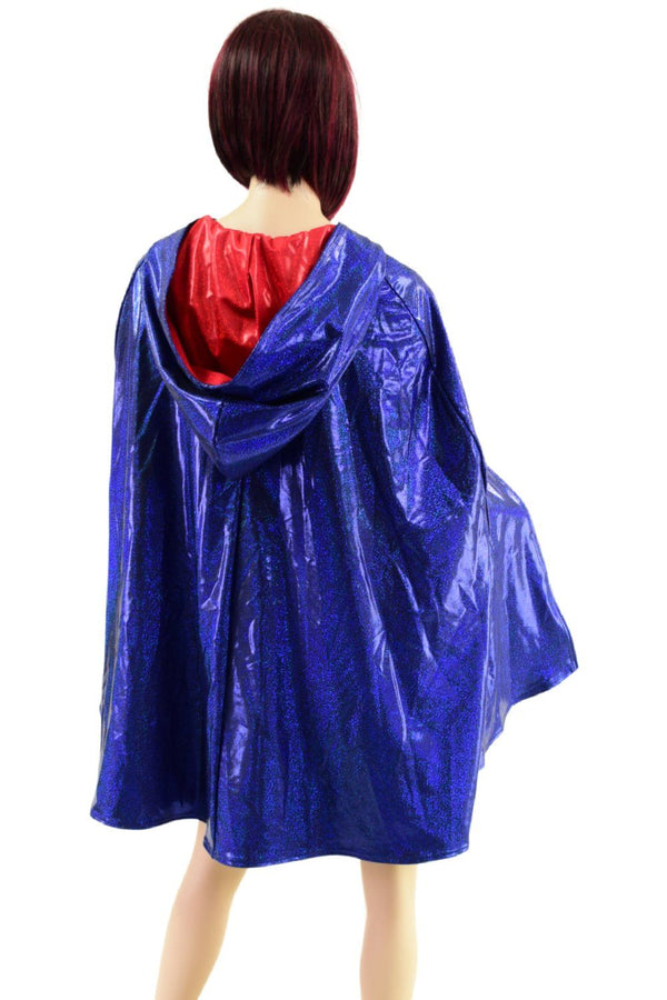Blue and Red Sparkly Jewel Reversible 35" Hooded Cape - 3