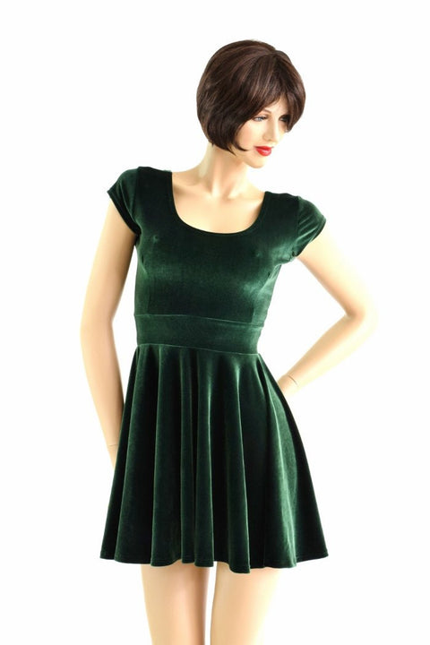 Forest Green Velvet Skater Dress - Coquetry Clothing