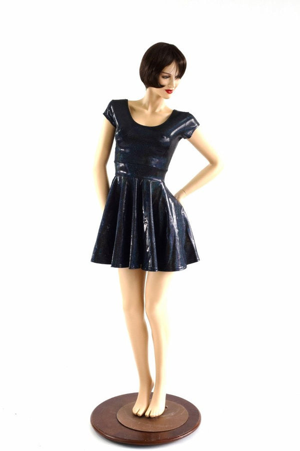Black Holographic Cap Sleeve Skater Dress - 4