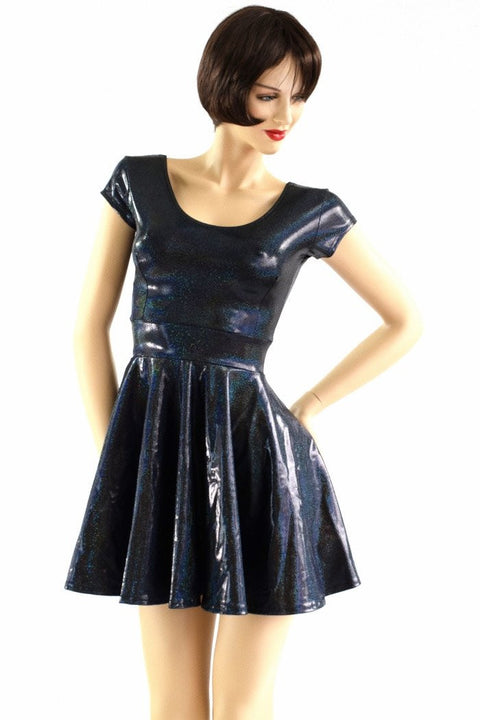 Black Holographic Cap Sleeve Skater Dress - Coquetry Clothing