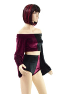 Burgundy & Black Velvet Color Split Off Shoulder Top & Siren Shorts Set - 6