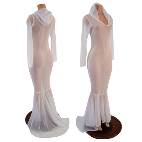 White Mesh Puddle Train Gown - Coquetry Clothing