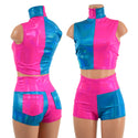 Pink and Blue Color Blocked Crop Top and Pocket Shorts - 1
