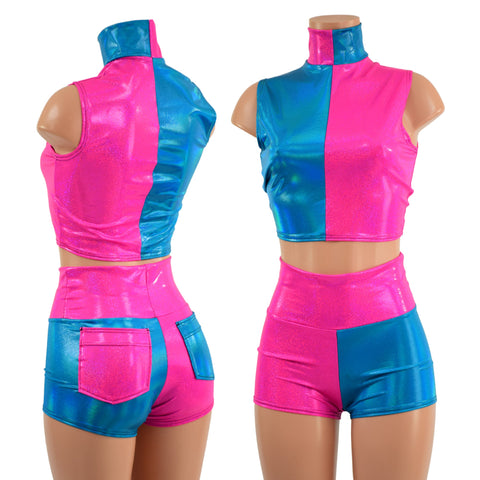 Pink and Blue Color Blocked Crop Top and Pocket Shorts - Coquetry Clothing