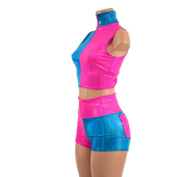 Pink and Blue Color Blocked Crop Top and Pocket Shorts - 2