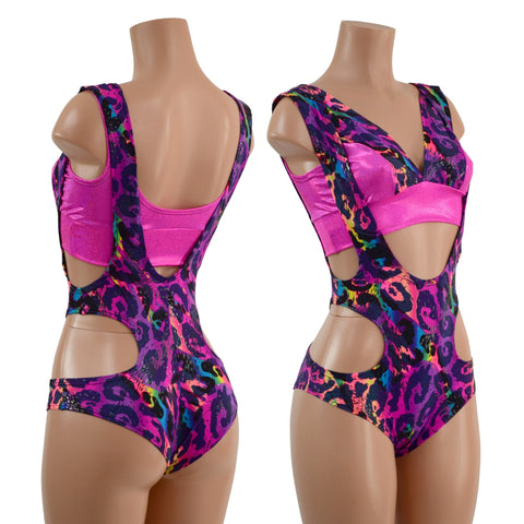 Rainbow Leopard Hipnotic Suspender Romper and Starlette Bralette Set - Coquetry Clothing