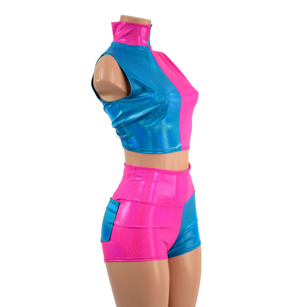 Pink and Blue Color Blocked Crop Top and Pocket Shorts - 3