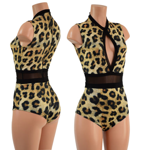 Sleeveless Leopard Print Keyhole Romper with Mesh Waistband - Coquetry Clothing