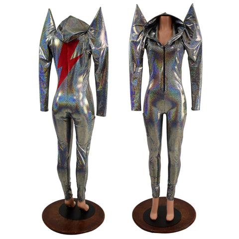 Mens or Womens Mega Sharp Shoulder Catsuit with Red Holo Bolt - Coquetry Clothing
