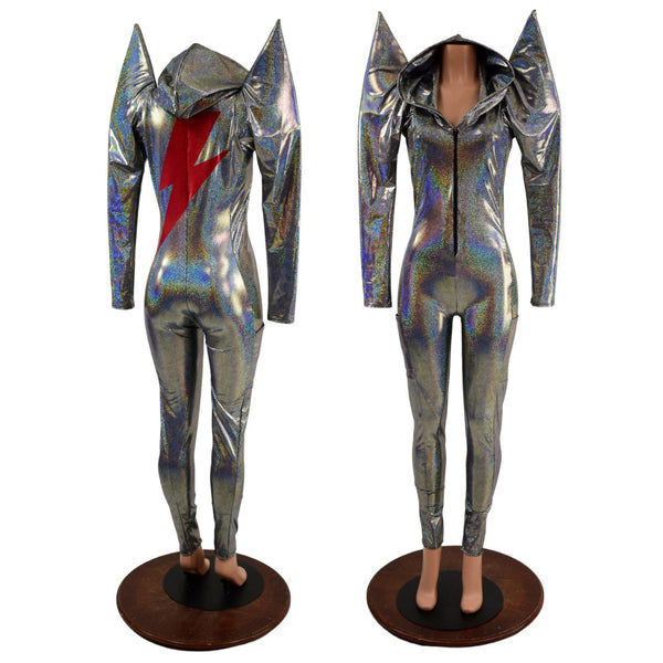 Mens or Womens Mega Sharp Shoulder Catsuit with Red Holo Bolt - 1