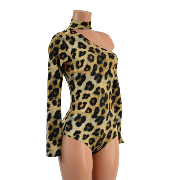 Leopard Print 2PC One Shoulder Romper with Collar and Arm Warmer - 2