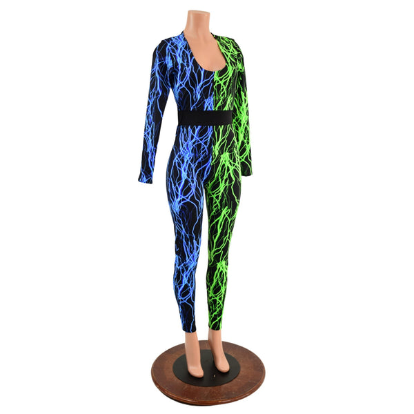 Color Split Neon Lightning Catsuit with Waistband - 2