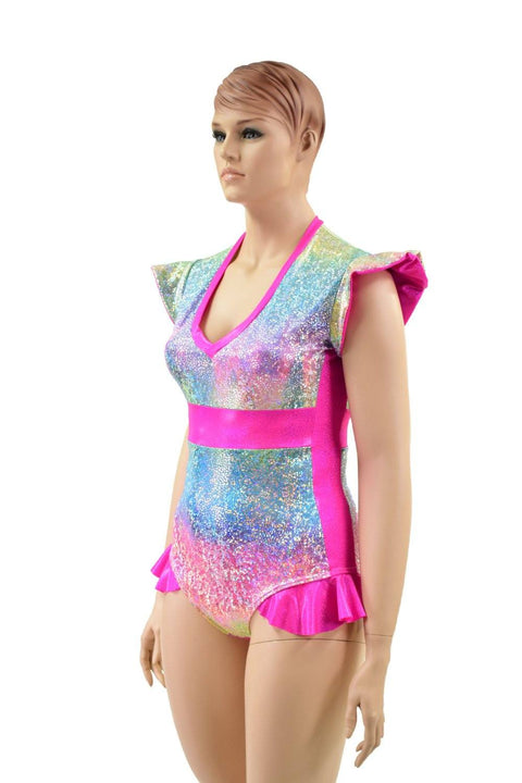 Rainbow Shattered Glass Flip Sleeve Paneled Romper - Coquetry Clothing