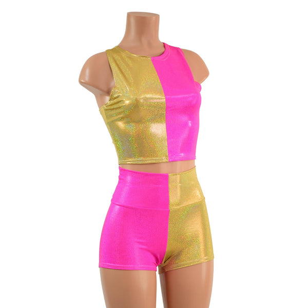 Pink and Gold Harlequin High Waist Shorts & Crop Set - 4