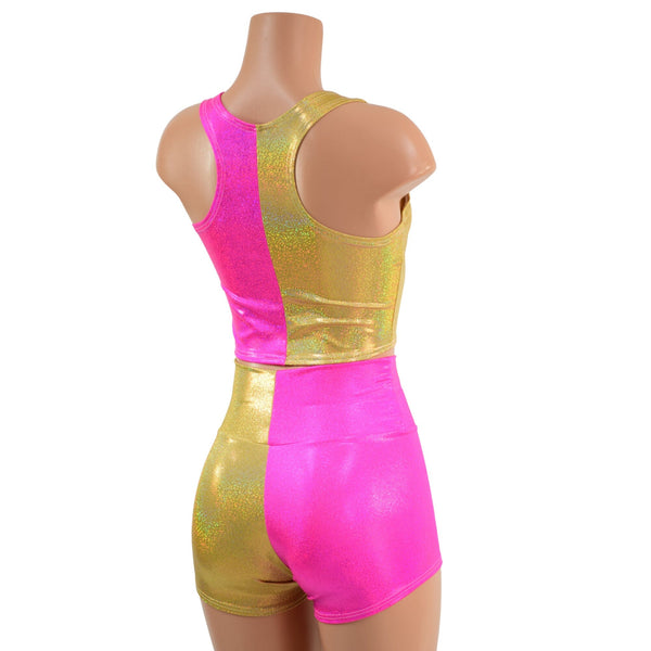 Pink and Gold Harlequin High Waist Shorts & Crop Set - 3