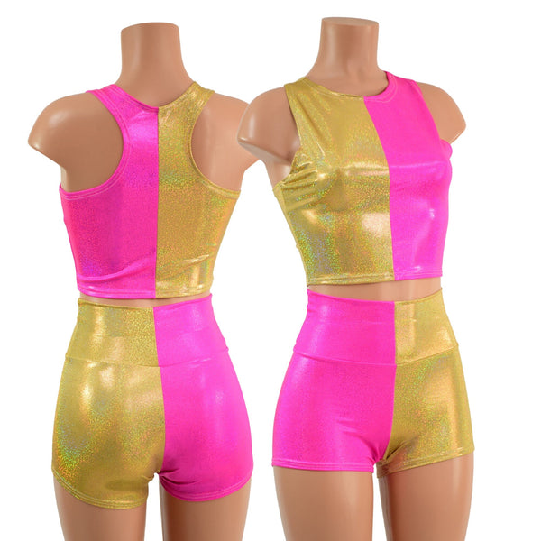 Pink and Gold Harlequin High Waist Shorts & Crop Set - 1