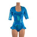 Peacock Holographic Half Sleeve Romper with Hip Ruffles - 1