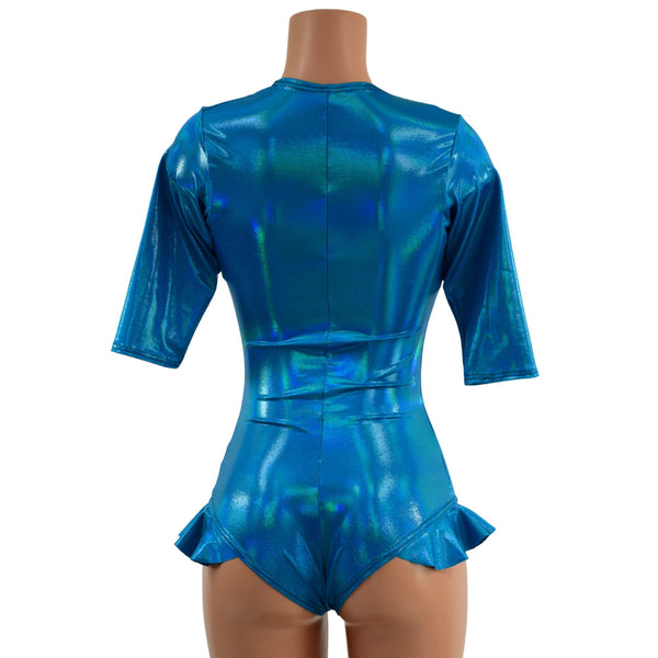 Peacock Holographic Half Sleeve Romper with Hip Ruffles - 3
