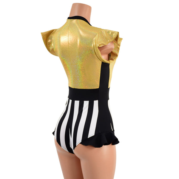 Circus Stripes and Gold Holographic Flip Sleeve Paneled Romper - 3