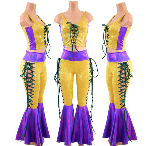 Mardi Gras 2PC Lace Up Top and Bell Bottoms Set - Coquetry Clothing